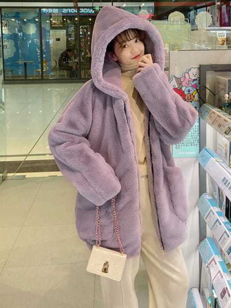Street Fashion Hong Kong - 秋冬特大甘い肥厚ラムコートパープルベージュフェイクファーコート女性かわいい緩いふわふわジャケットパーカーアウター