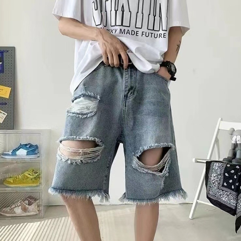 Street Fashion Hong Kong - エッジの効いたクールなメンズリップドデニムショートパンツヴィンテージ香港スタイル夏ルーズワイドレッグミッドレングス多用途アーバンストリートファッション