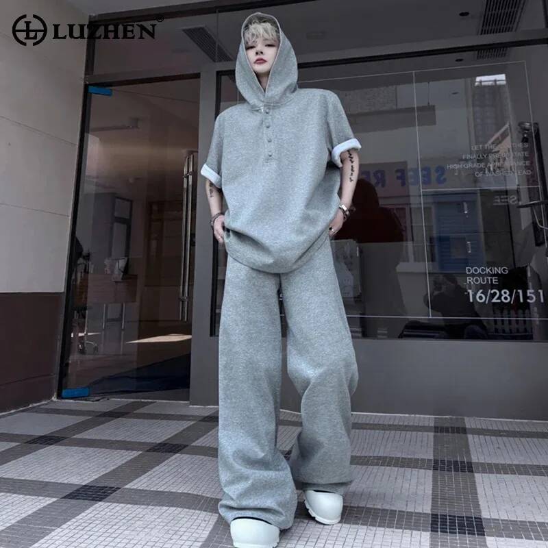 Street Fashion For 2026 - LUZHEN オリジナルトップススリーブ 2026 ショートサマーパーカー新しいメンズルーズストレートカジュアルパンツファッションストリートツーピースセット JY7334