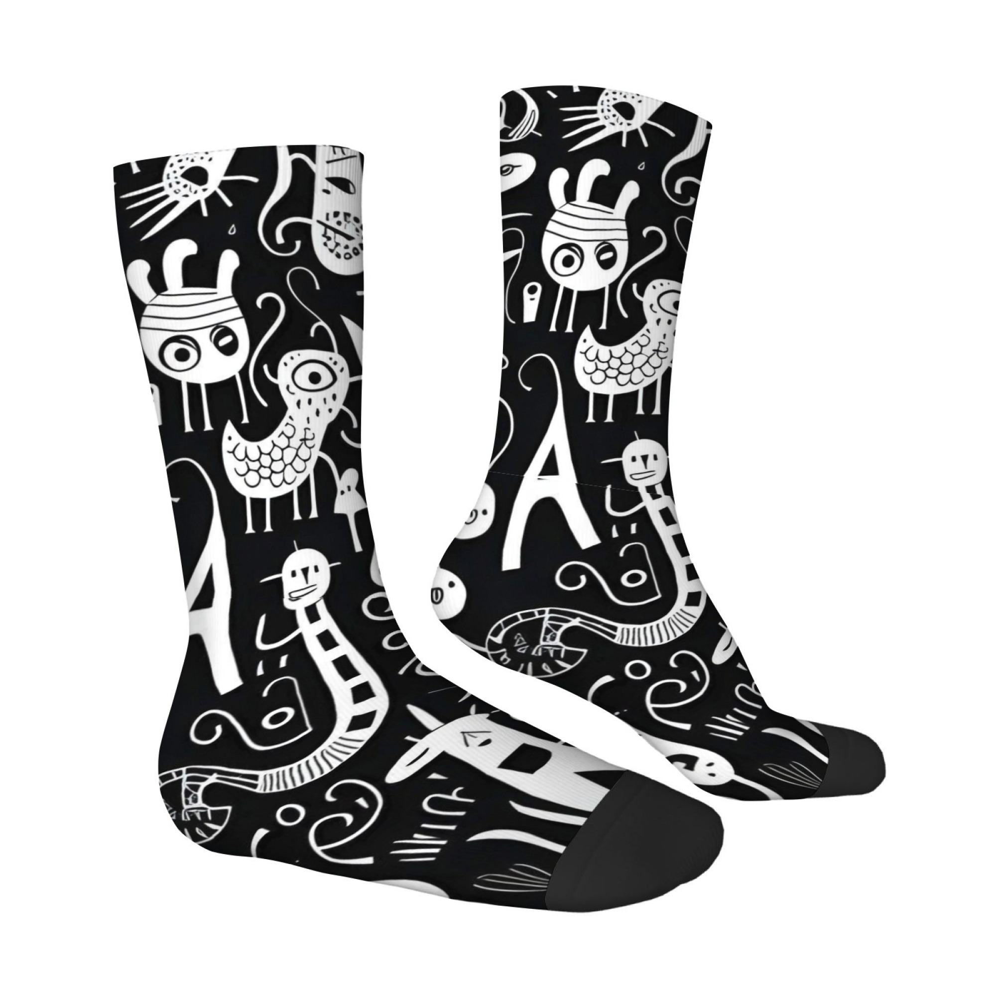 Quirky Street Fashion - 黒白グラフィティ風プリント メンズソックス 快適 通気性 肌に優しい ストリート
