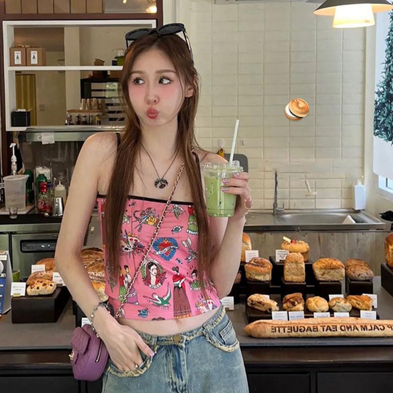 Street Fashion Korean Girl - ガガリッチ韓国ファッション Y2K 漫画グラフィティプリントスモールストラップタンクトップ女性スパイシーガールニッチスリムフィット痩身トップ