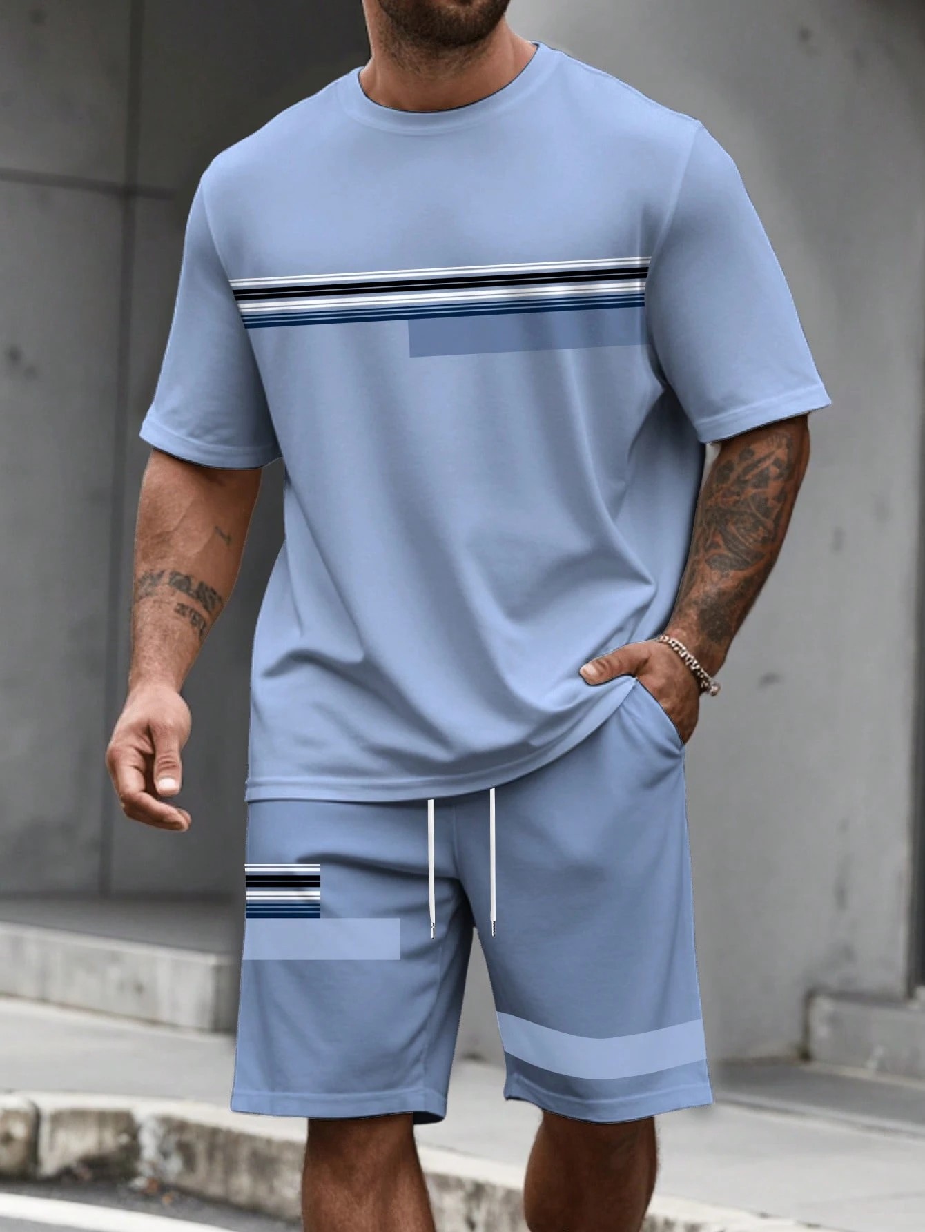 Street Fashion For 2026 - 2026年夏新作 メンズ半袖ショートパンツセット 3Dストライプ柄プリント入り - ストリートカジュアルファッション 快適で柔らかい