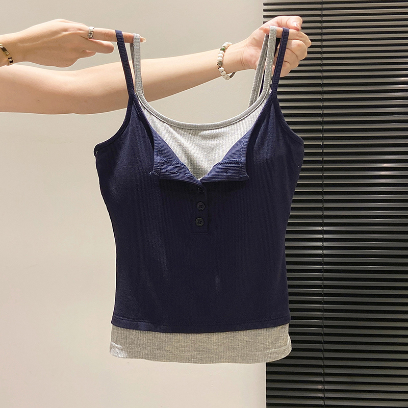 Street Fashion Korean Girl - ファッションフェイクツーピースキャミソール レディース 春秋 ショート丈 スリムフィット 胸パッド入りタンクトップ