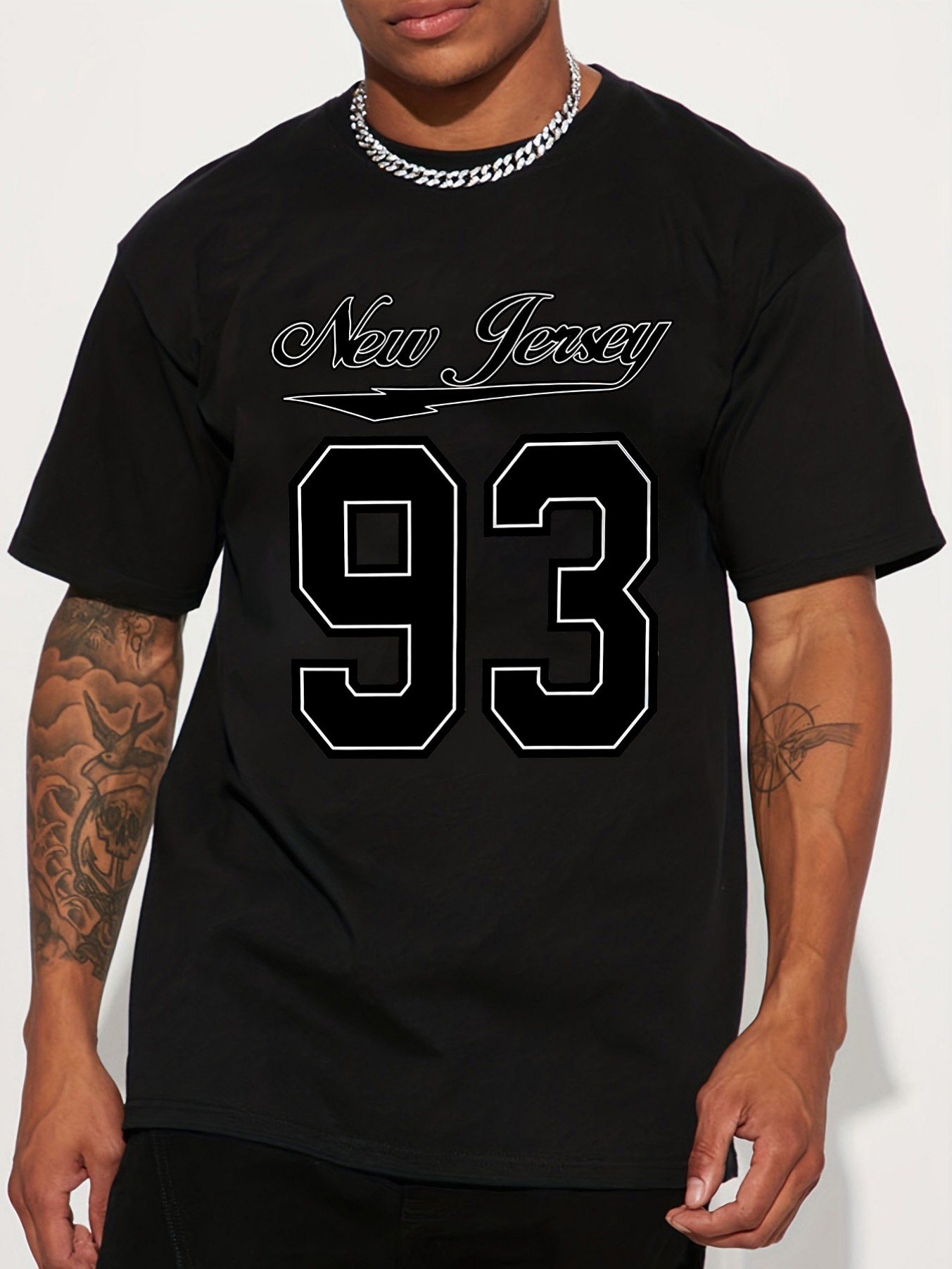 Street Fashion Brand Logo - ニュージャージー州ナンバー 93ロゴプリント アメリカンファッションブランド デザインセンス グラフィティレタープリント 半袖Tシャツ