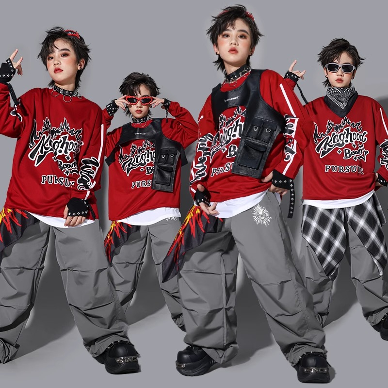 Street Fashion For Boy - ボーイズ K-POP スウェットシャツ ファッションベスト ルーズパンツ ヒップホップコスチューム