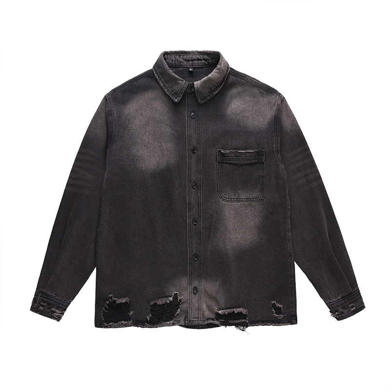 Street Fashion Jeans - メンズハイストリートリップドジーンズジャケットファッションストリートウェアウォッシュドヴィンテージルーズフィットY2Kダメージ加工デニムトラッカーコートアウターウェア