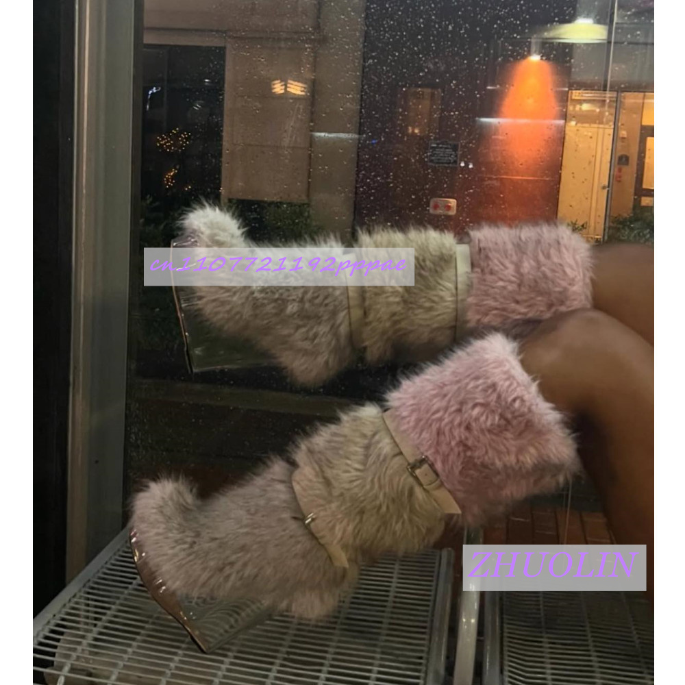 Street Fashion Winter - 冬のグラデーション毛皮のような透明ウェッジブーツ女性の甘いベルトバックルスノーブーツファッショントレンドパンクランウェイニーハイブーツ 43