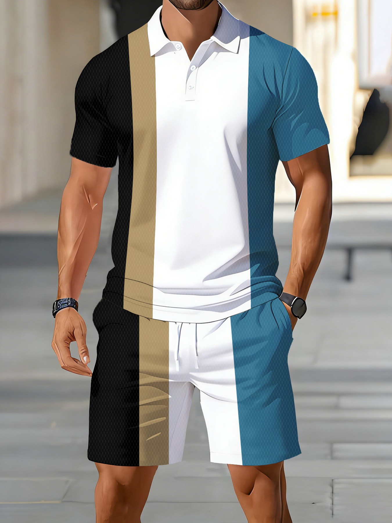 Street Fashion For 2026 - 2026年夏新作メンズポロシャツセット - ストリートカジュアルファッション 快適で柔らかく通気性のある3Dストライプ柄プリント