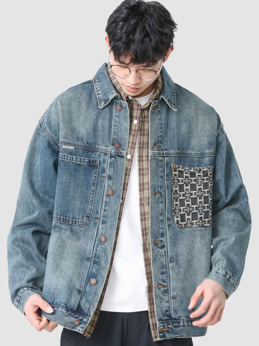 Street Fashion Hong Kong - メンズヴィンテージデニムジャケット,刺embroideryポケット,ストリートファッション,パッチスタイル,ルーズ,ウォッシュ,ノスタルジック,y2k服