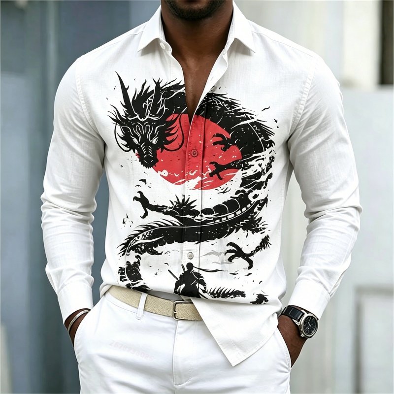 Street Fashion For 2026 - 2026年新作 メンズシャツ 白黒赤のコントラスト ドラゴン柄シャツ ストリートスタイル ファッション