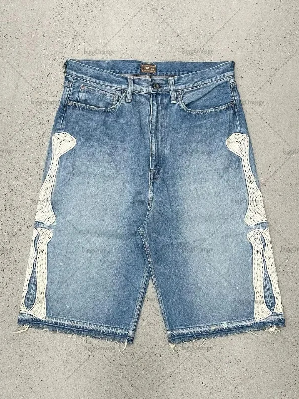 Street Fashion Jeans - Deeptown Y2k ヴィンテージ原宿デニムショートパンツ女性ウォッシュレター刺繍タッセルアメリカンレトロジーンズ男だぶだぶのヒップホップジョーツ