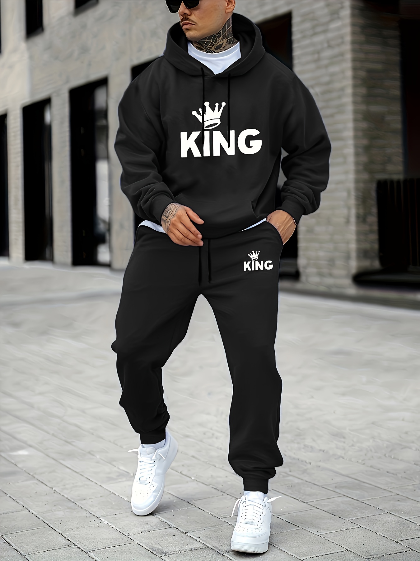 Street Fashion Outfit - メンズ キングクラウンプリントトラックスーツ 2ピースセット、フード付きスウェットシャツ＋ジョガーパンツ カジュアルスポーツウェアセット メンズ2ピースセット