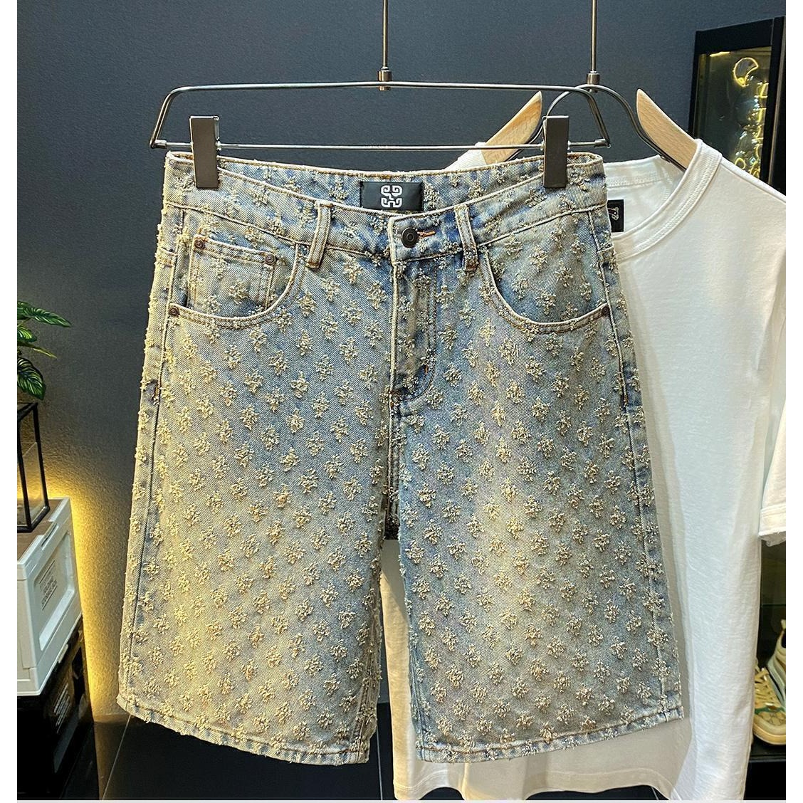 Street Fashion Jeans - 夏のハイストリートデニムショーツ メンズカジュアルジーンズショーツ ルーズミッドハイウエスト ファッションヴィンテージ 膝丈デニムショートパンツ メンズ