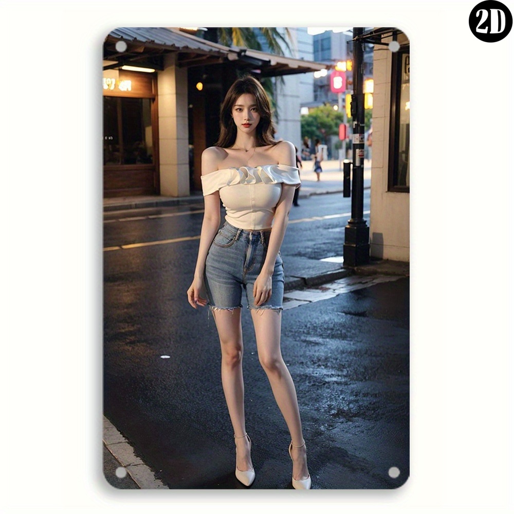 Street Fashion Definition - 高精細メタルブリキ看板 夜景都市ストリートファッション ビューティーポートレート レトロウォールアート装飾 ホームルームカフェバー用