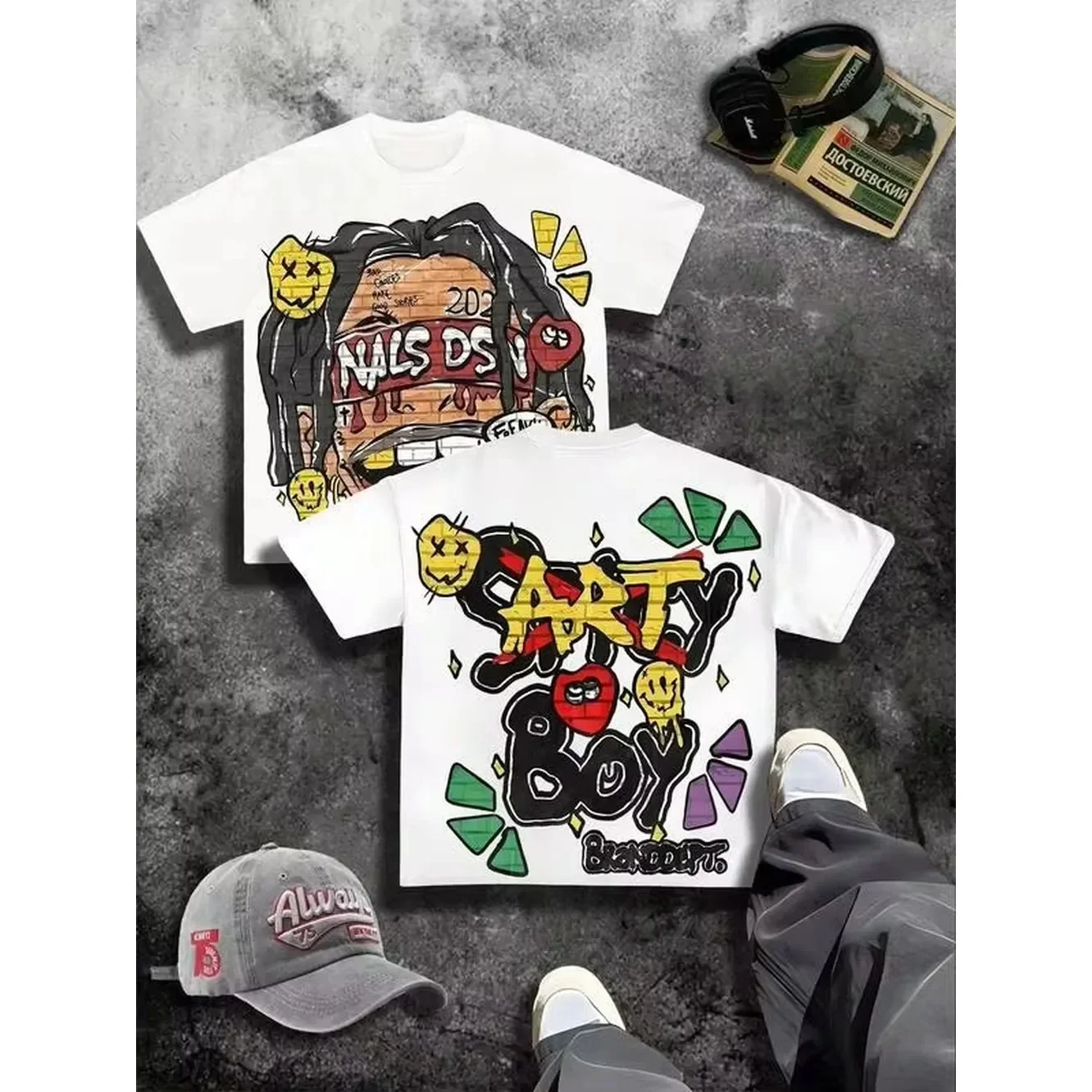 Street Fashion For Boy - ストリートボーイ両面プリントメンズTシャツ、コットンTシャツ、ホワイトグラフィックTシャツ、面白いTシャツ、グラフィックTシャツ、100％コットン、ファッショナブルなストリートウェア、Y2KスタイルTシャツ、新学期の服装に最適。 友人や家族への適切な贈り物