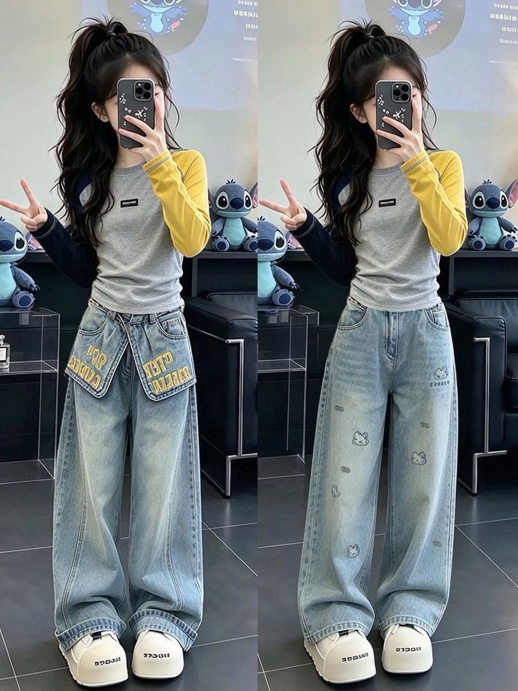 Street Fashion Korean Girl - 女の子用カジュアル長袖デニムセットアップ 秋シーズン向け ツーピースセット トレンドのストリートスタイル 韓国バージョン 快適でおしゃれ