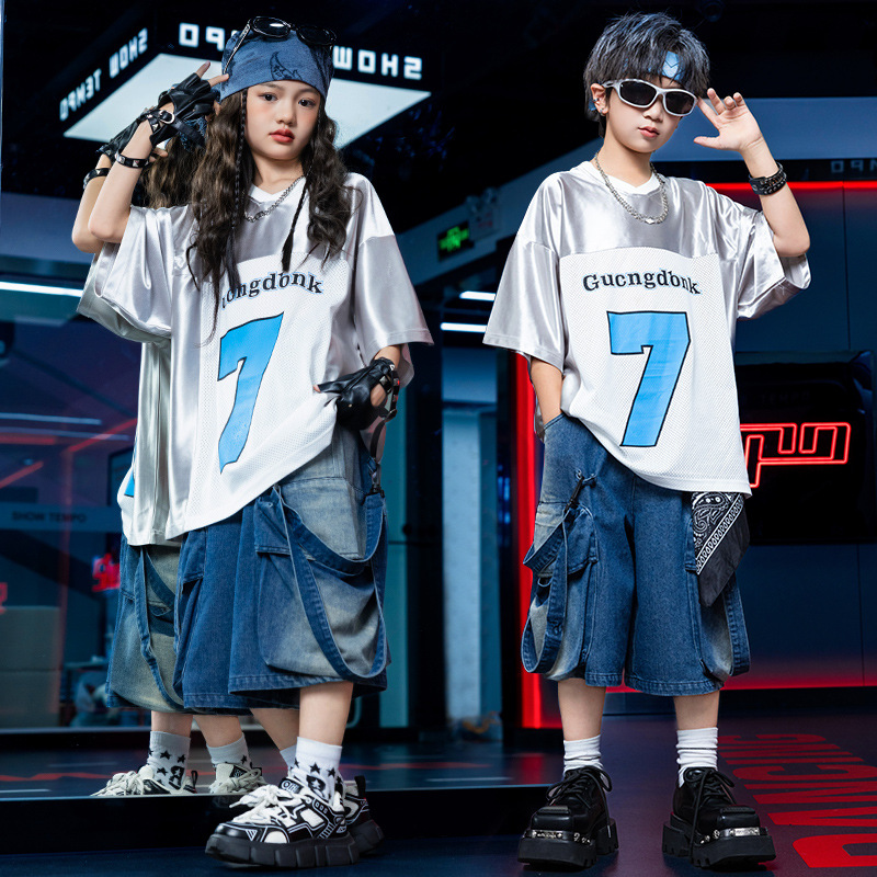 Street Fashion For Boy - 新しいクールな男の子用ヒップホップストリートダンス衣装 ファッションキッズヒップホップ服セット 夏のドラムショー ステージパフォーマンスコスチューム