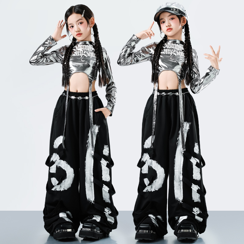 Street Fashion Outfit - 韓国 Y2K キッズストリートウェアスタイルヒップホップダンス衣装女の子ファッションジャズラッパースーツ子供ステージパフォーマンス服セット