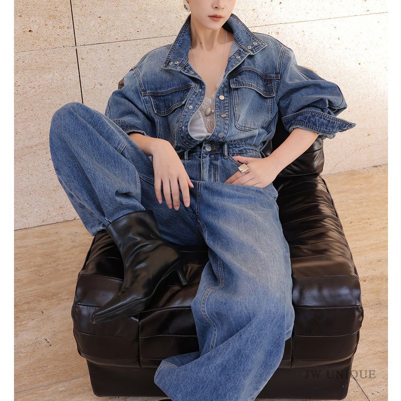 Street Fashion Jeans - レトロファッション万能デニムジャンプスーツ レディース 新作 韓国風 スタンドカラー ダメージ加工