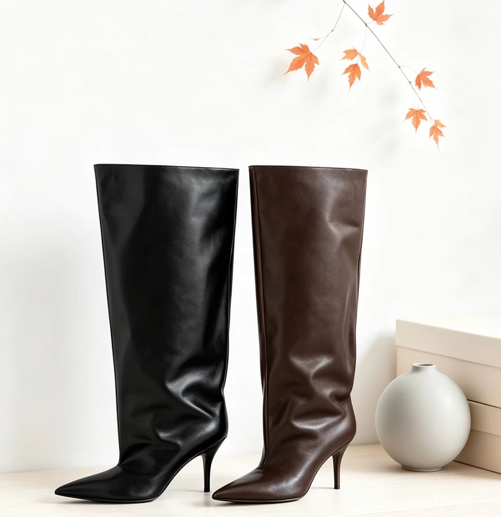 Street Fashion Winter - スラウチワイドカフニーハイブーツ、ポインテッドトゥ、スティレットヒール、薄型ヒールパンプス、エレガントファッション、デイリー、パーティー、ストリート、レディース、セクシー、トール、女性用シューズ