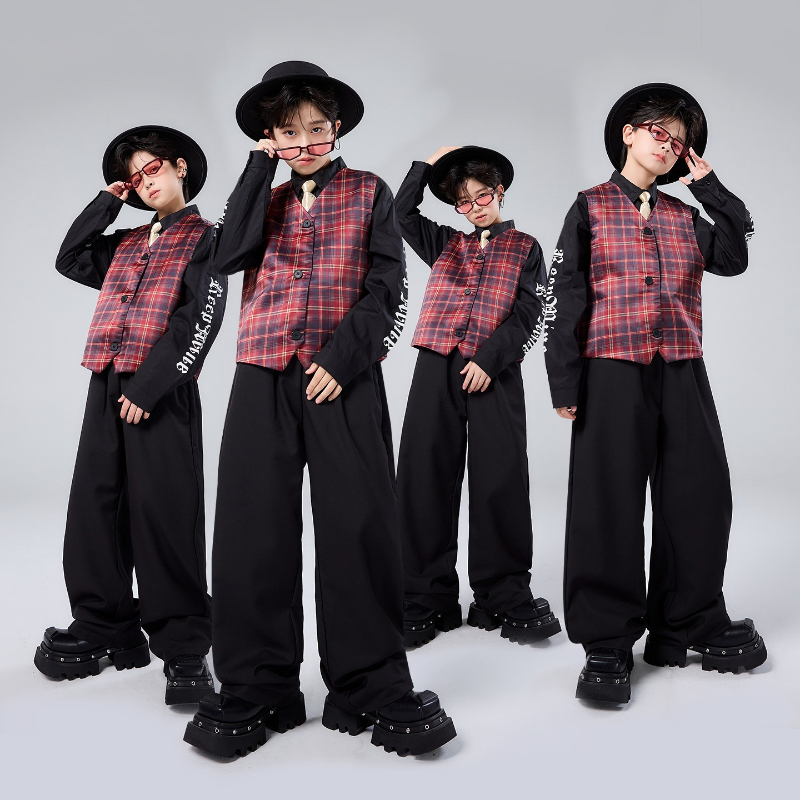 Street Fashion For Boy - ファッションボーイズストリートウェア服セットクールジャズダンス衣装チェック柄ベストトップスパンツヒップホップパフォーマンスキャットウォークステージ服