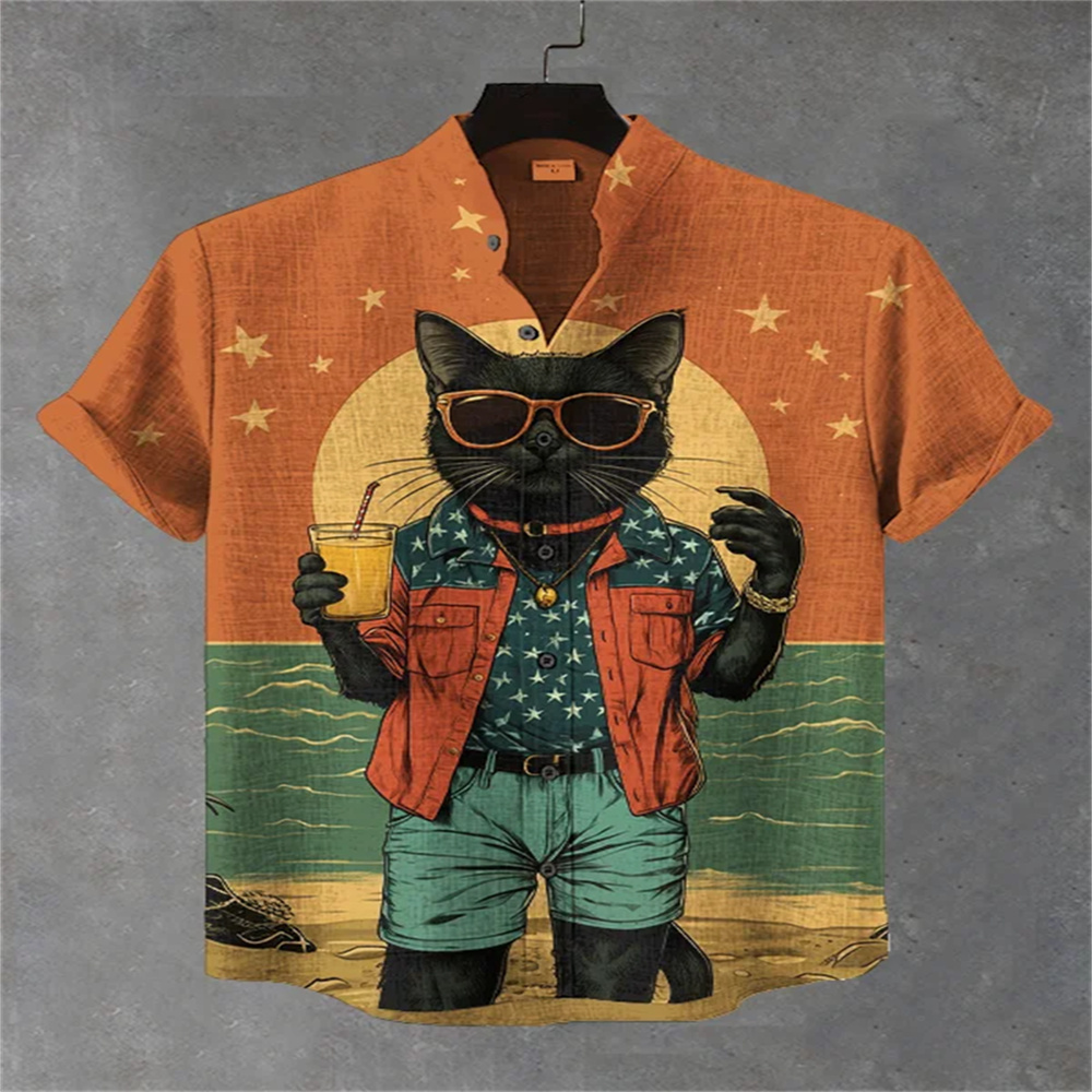 Quirky Street Fashion - メンズストリートスタイル半袖シャツ、個性的な黒猫とサメ柄のカジュアルメンズトップス、トレンディでおしゃれなハワイアンシャツ