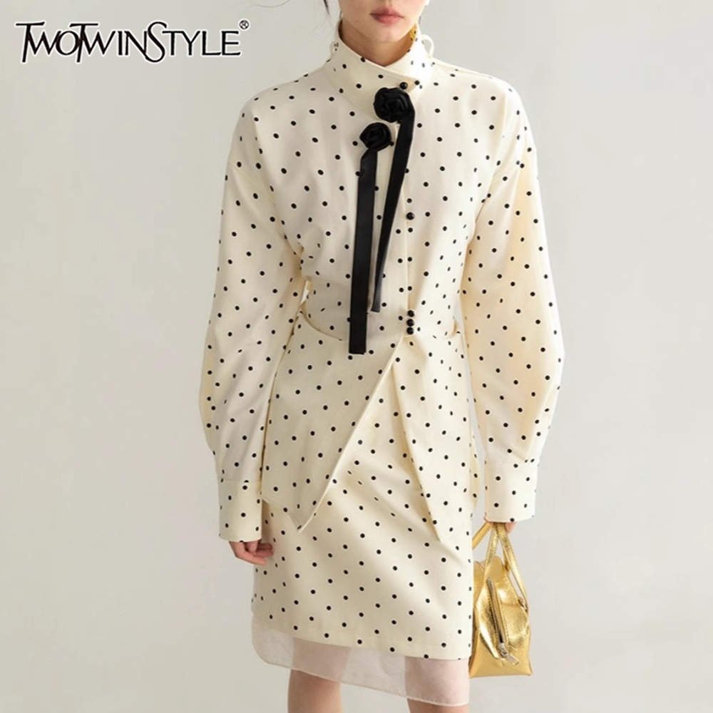 French Street Fashion - TWOTWINSTYLE ベージュ スプライスドットプリント ツーピースセット 女性用 スタンドカラー