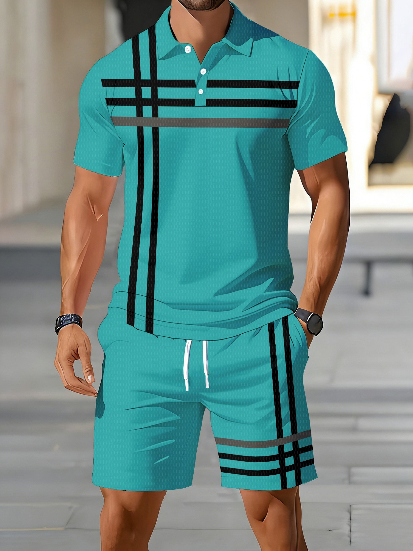 Street Fashion For 2026 - 2026年夏 アメリカンメンズポロシャツセット ストリートカジュアルファッション ソフトで快適な3Dストライプ柄プリント入り