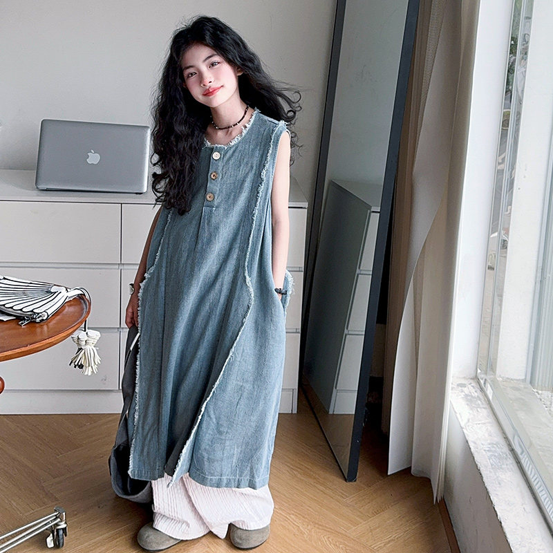 Street Fashion Outfit - ルーズスタイル子供高級夏のデニムドレス十代の少女のためのハイファッションストリート衣装子供カジュアルノースリーブジーンズドレス