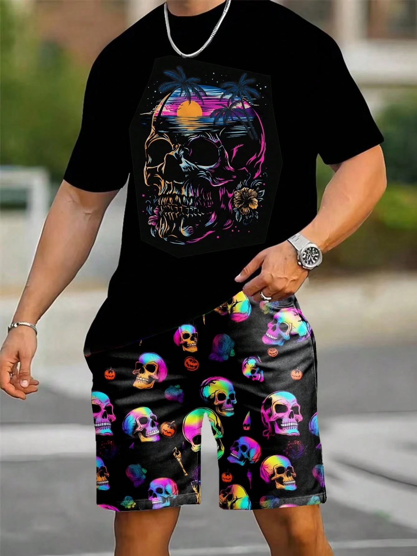Street Fashion For 2026 - 2026年夏新作 メンズ半袖ショートパンツセット 3Dパターンプリント入り - ストリートカジュアルファッション 快適で柔らかい