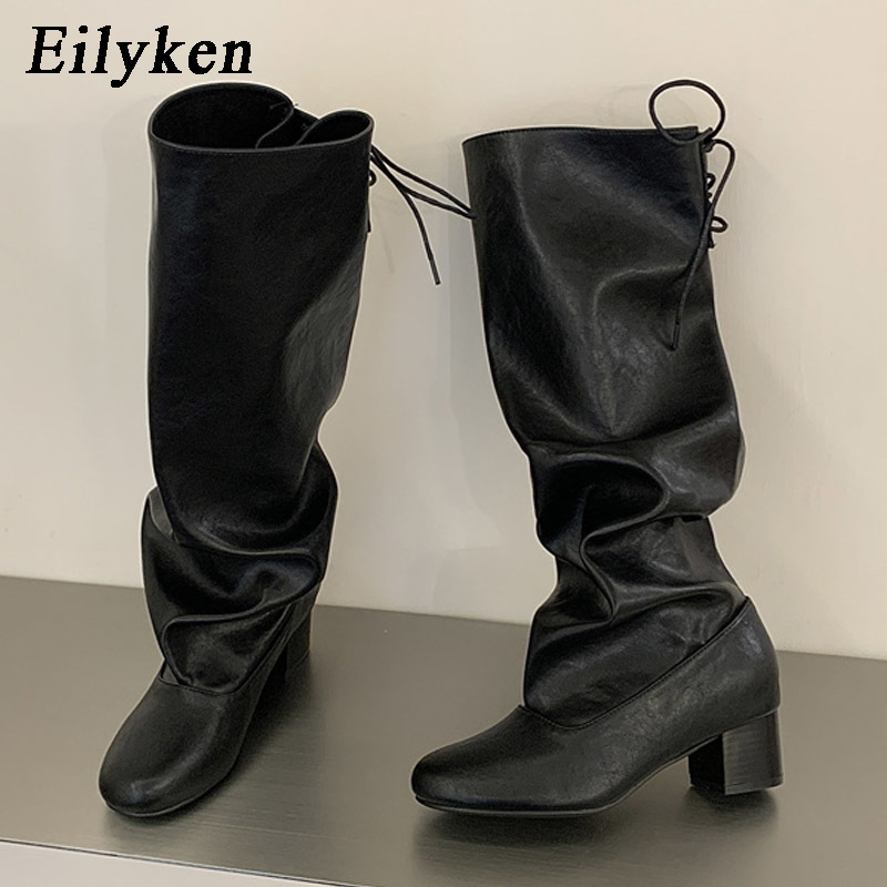 Street Fashion Winter - Eilyken 2027 新しい冬のファッションレースアップラウンドトゥ女性ニーハイブーツスクエアヒールロングブーツ靴 Zapatos De Mujer