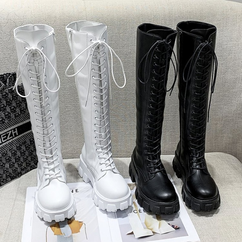 Street Fashion Winter - 女性用ニーハイブーツ、レースアップコンバットブーツ、プラットフォームラグソール、ラウンドトゥ、サイドジッパー、トール丈、冬用ストリートウェアフットウェア、黒と白