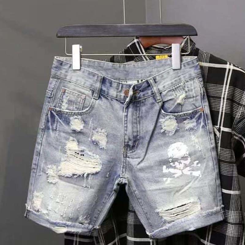 Street Fashion Jeans - メンズの穴のある伸縮性のあるサマージーンズ,フィットしたファッショナブルな韓国スタイルのストリートウェア,デニムショーツ