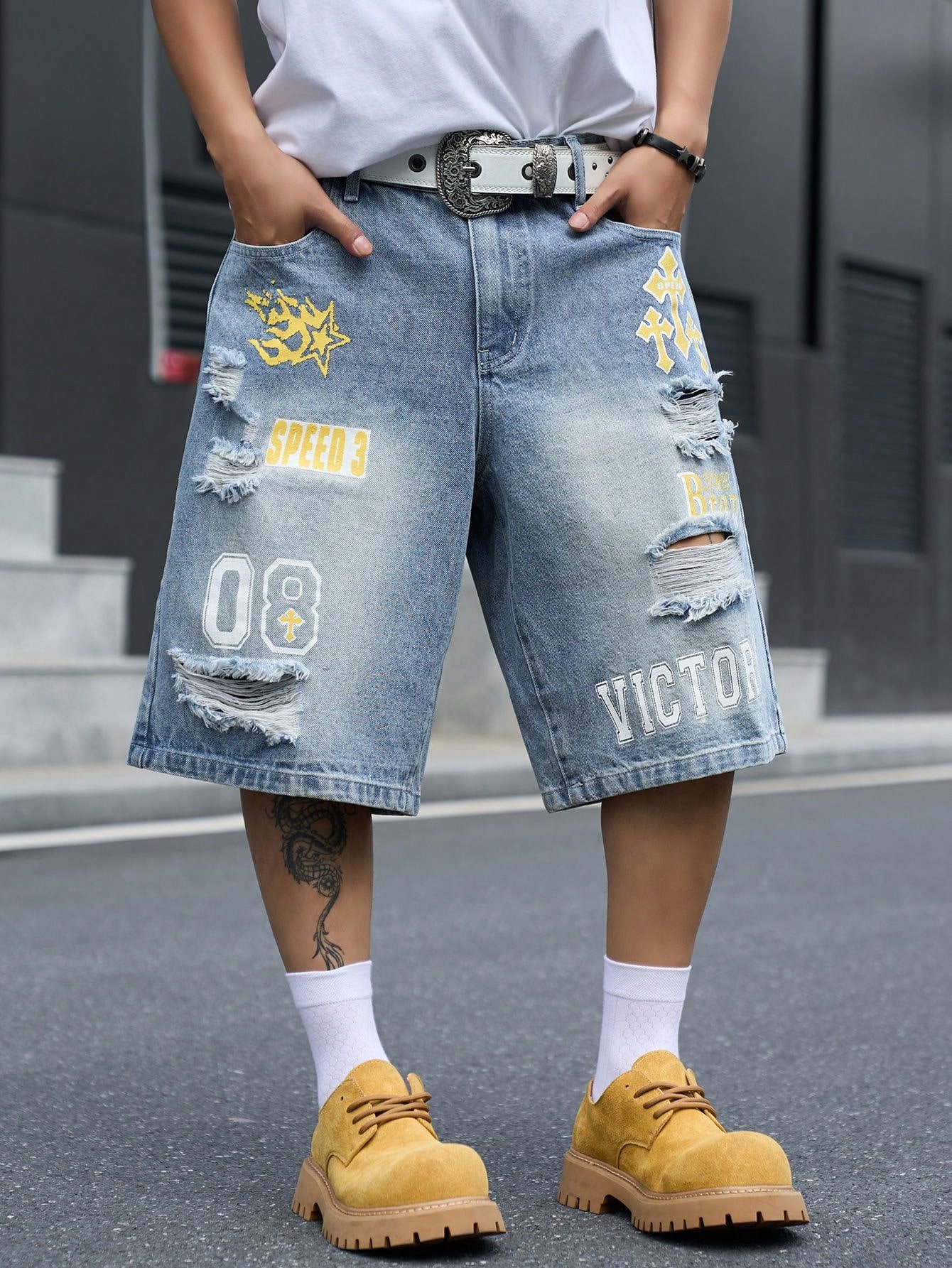 Street Fashion Jeans - メンズ ルーズフィット デニム バミューダ ショーツ、ヴィンテージ ダメージ加工