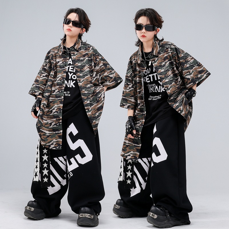 Street Fashion For Boy - 男の子向け新作ヒップホップ服 ストリートダンス半袖トップス ブラックパンツ グループジャズパフォーマンス衣装 ステージウェア ファッションセット