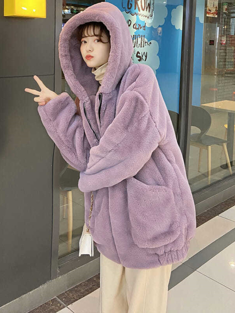 秋冬特大甘い肥厚ラムコートパープルベージュフェイクファーコー - Street Fashion Hong Kong のレビューと価格
