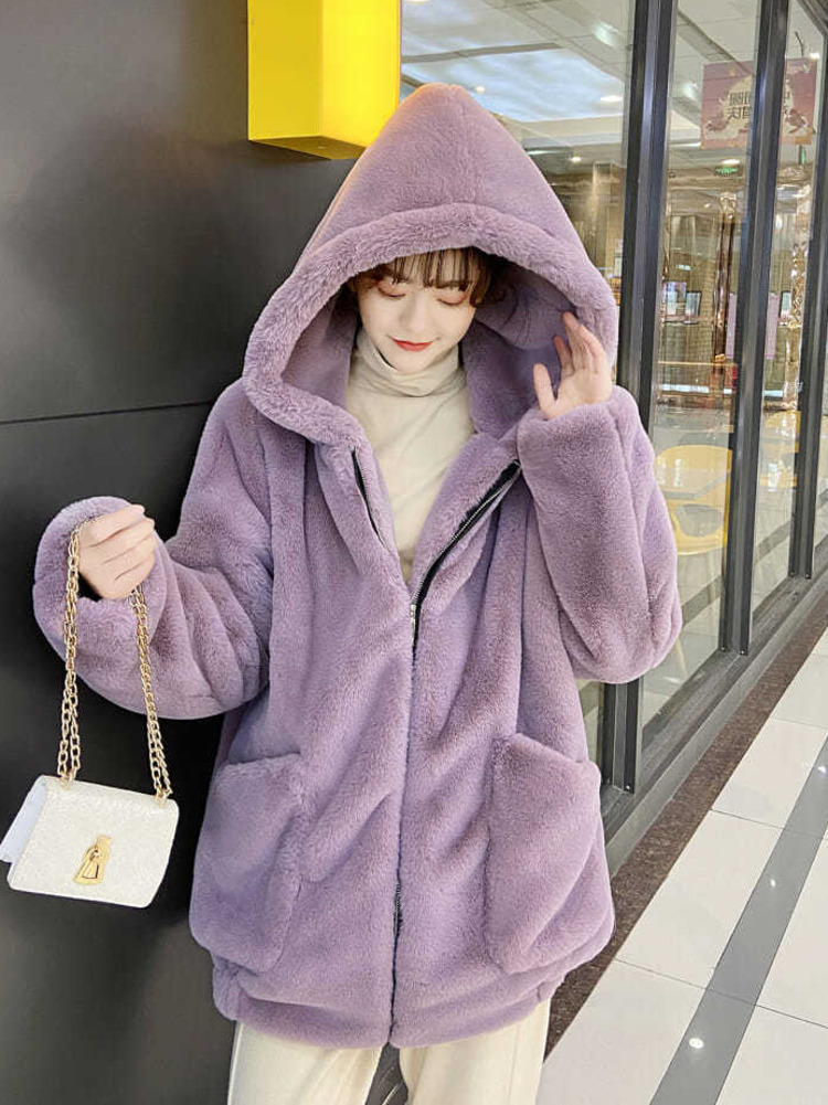 秋冬特大甘い肥厚ラムコートパープルベージュフェイクファーコー - Street Fashion Hong Kong のレビューと価格