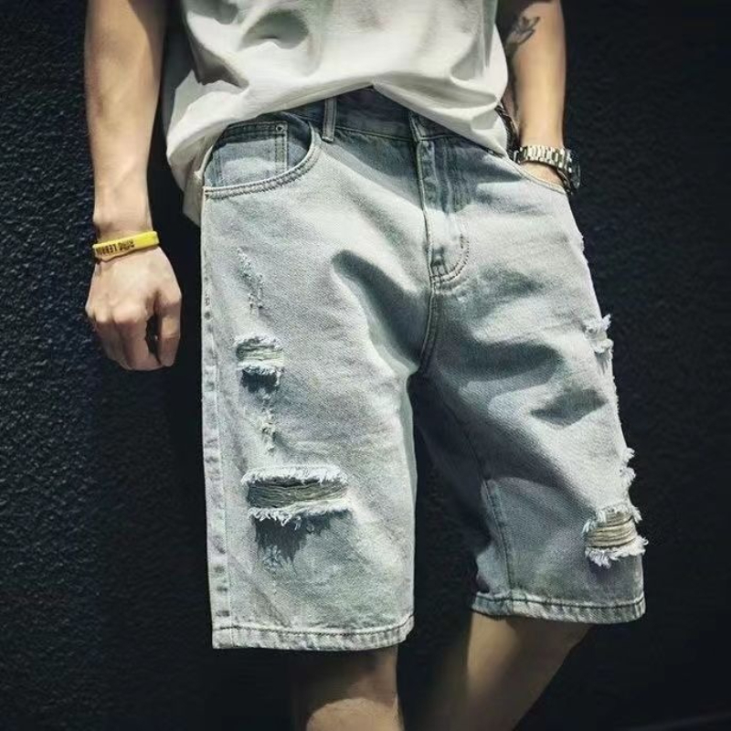 エッジの効いたクールなメンズリップドデニムショートパンツヴィ - Street Fashion Hong Kong のレビューと価格