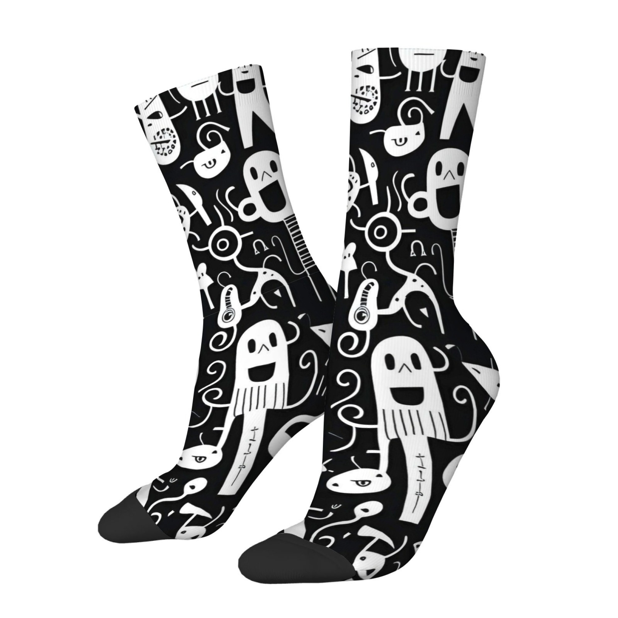 黒白グラフィティ風プリント メンズソックス 快適 通気性 肌 - Quirky Street Fashion のレビューと価格