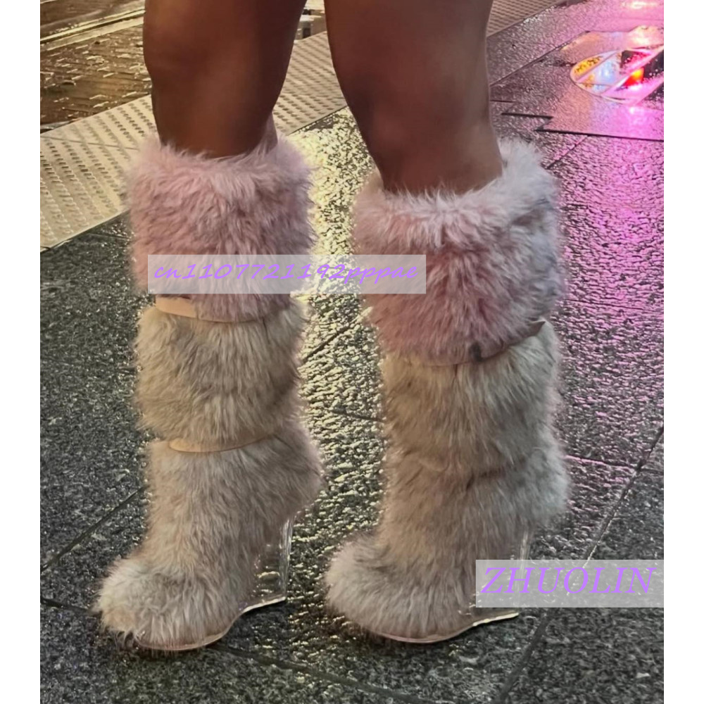 冬のグラデーション毛皮のような透明ウェッジブーツ女性の甘いベ - Street Fashion Winter のレビューと価格