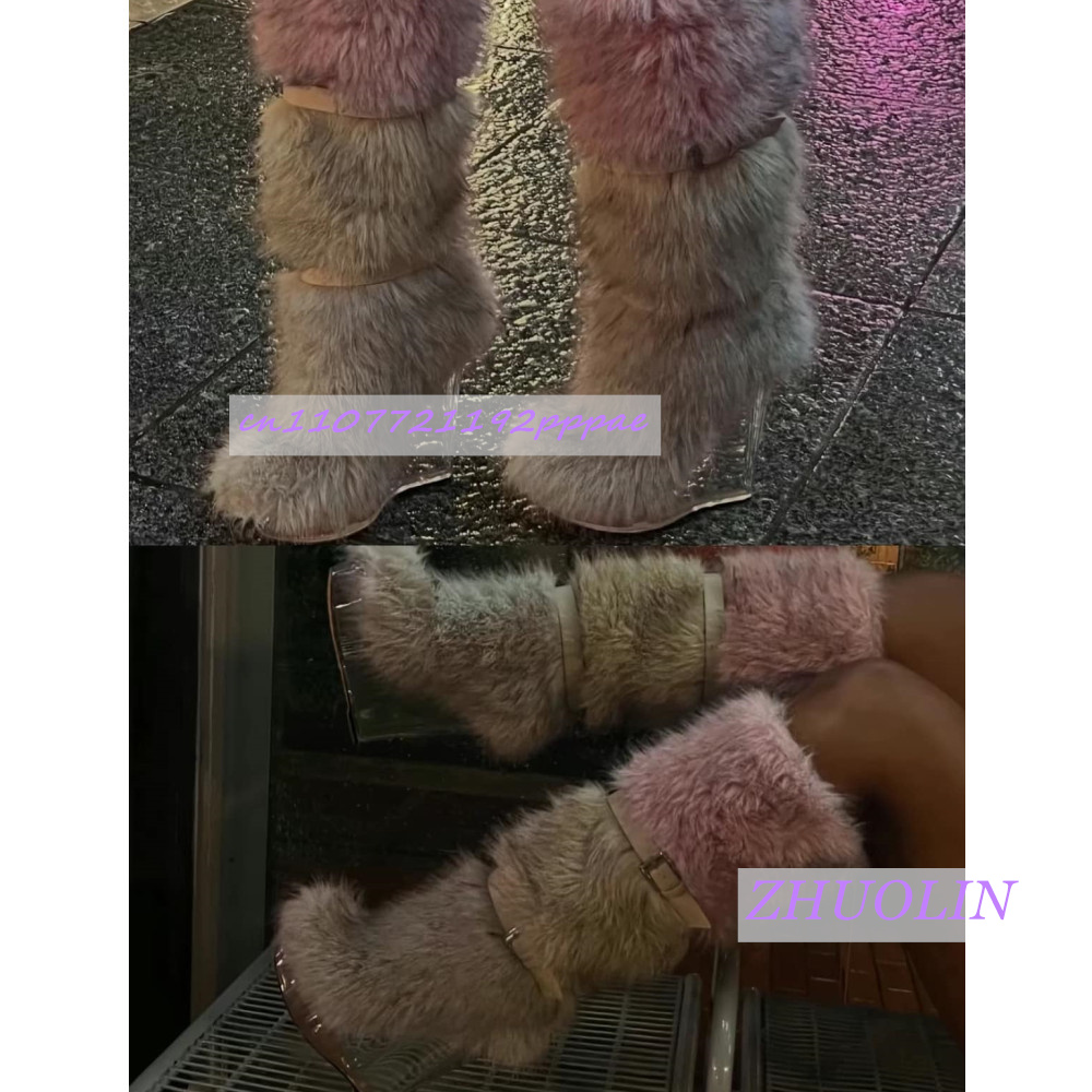 冬のグラデーション毛皮のような透明ウェッジブーツ女性の甘いベ - Street Fashion Winter のレビューと価格