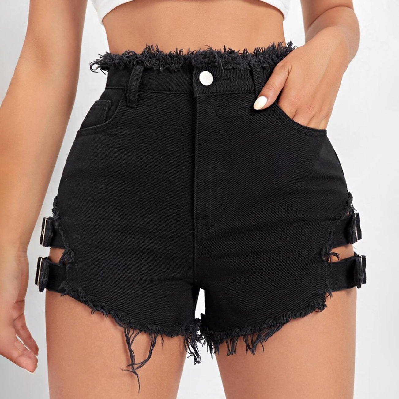 女性ハイウエストデニムショートパンツダメージ加工裾夏カジュア - Street Fashion Jeans のレビューと価格