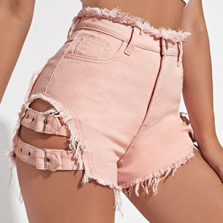 女性ハイウエストデニムショートパンツダメージ加工裾夏カジュア - Street Fashion Jeans のレビューと価格
