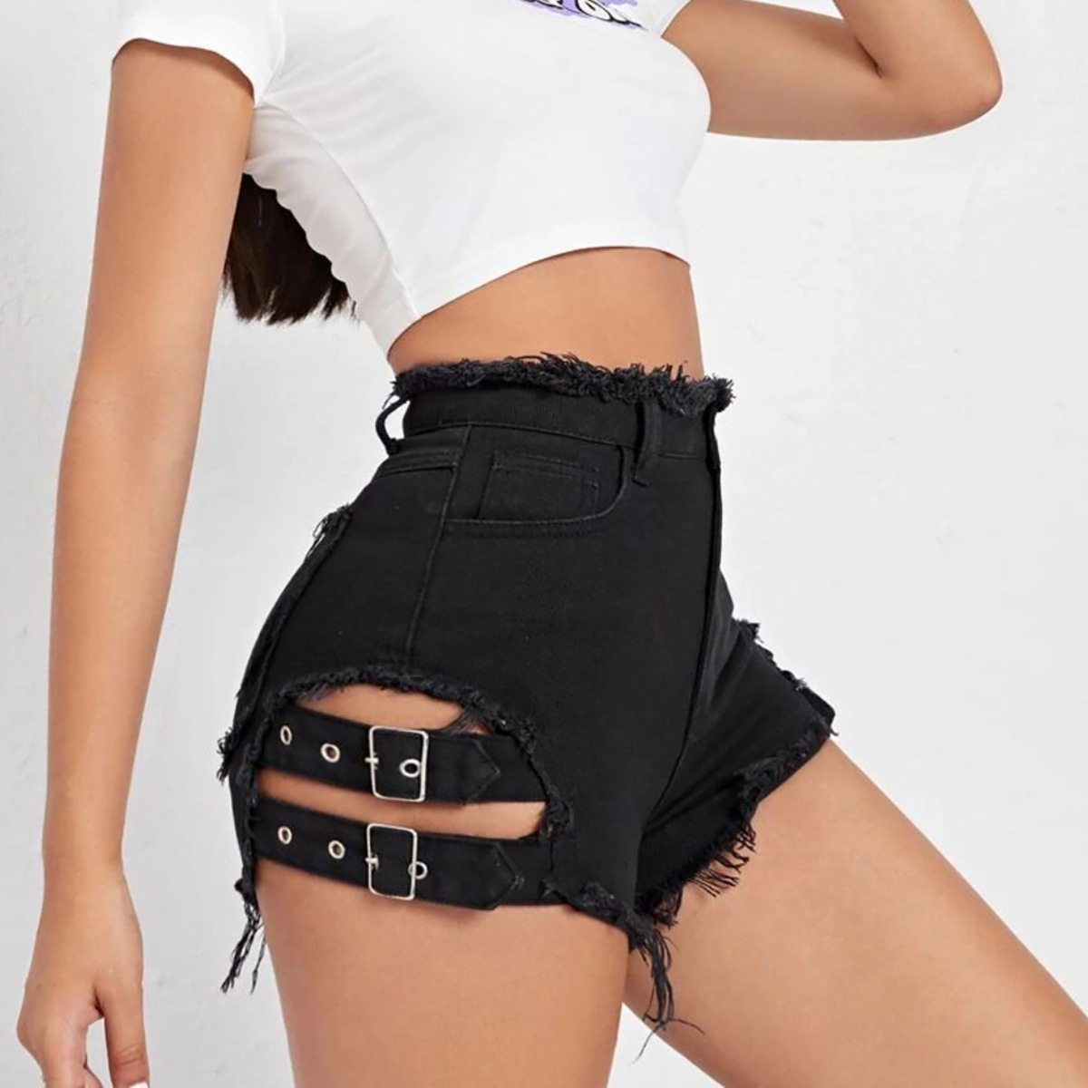 女性ハイウエストデニムショートパンツダメージ加工裾夏カジュア - Street Fashion Jeans のレビューと価格