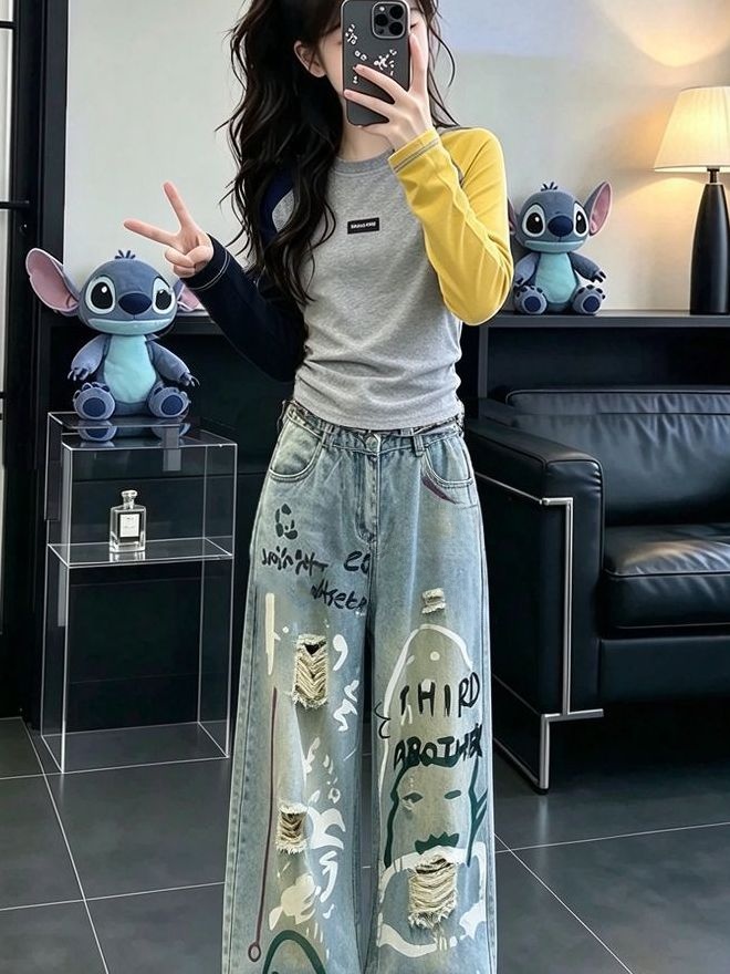 女の子用カジュアル長袖デニムセットアップ 秋シーズン向け ツ - Street Fashion Korean Girl のレビューと価格