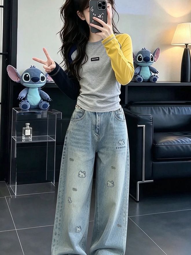 女の子用カジュアル長袖デニムセットアップ 秋シーズン向け ツ - Street Fashion Korean Girl のレビューと価格