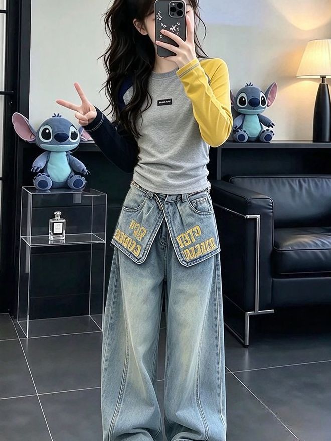 女の子用カジュアル長袖デニムセットアップ 秋シーズン向け ツ - Street Fashion Korean Girl のレビューと価格