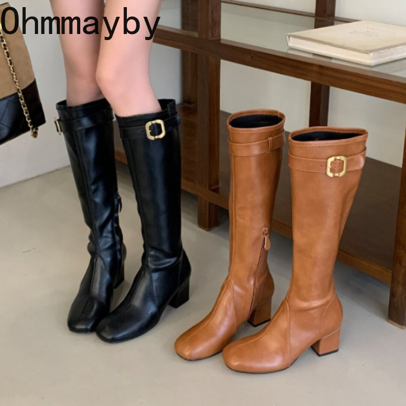 レディースレトロスクエアトゥニーハイブーツメタルバックルブロ - Street Fashion Winter のレビューと価格