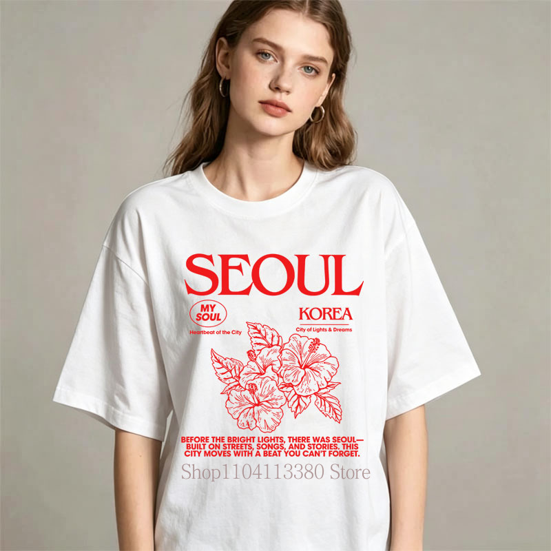 韓国スタイルソウルハイビスカスプリント Tシャツ女性のための - Street Fashion Of Seoul のレビューと価格