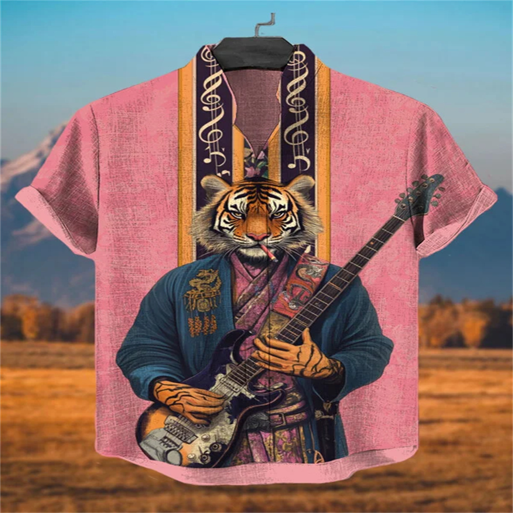 メンズストリートスタイル半袖シャツ、個性的な黒猫とサメ柄のカ - Quirky Street Fashion のレビューと価格
